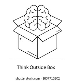 Think outside box, brain with box line icon 