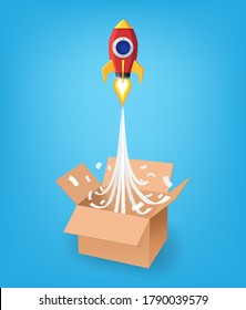 Think outside the box business concept, Paper art style of red rocket flying from the opening box on blue background, Vector illustration