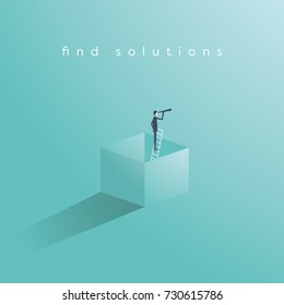 Think outside the box business concept vector with businessman standing on ladder in a box and looking through monoscope as symbol of vision, goal, objective, strategy. Eps10 vector illustration.