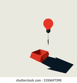 Think outside the box business creative vector concept with businessman flying away on lightbulb balloon. New original ideas and innovation symbol. Eps10 illustration.