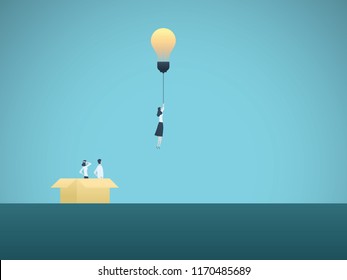 Think outside the box business vector concept. Businesswoman flying with lightbulb. Symbol of creativity, intelligence, innovative approach and leadership. Eps10 vector illustration.