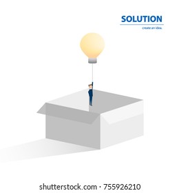 Think outside the box, businessman having unique creative idea for solution. Businessman flying with lightbulb. Vector illustration. 