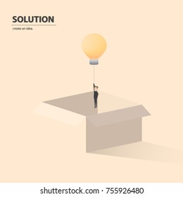 Think outside the box, businessman having unique creative idea for solution. Businessman flying with light bulb. Vector illustration. 