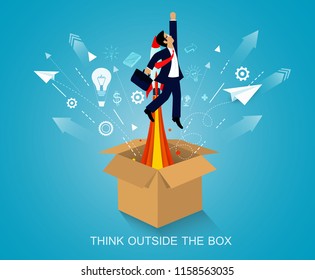 think outside the box  businessmen launch to the sky  background blue  startup business concept  creative idea  leadership  vector art   illustration