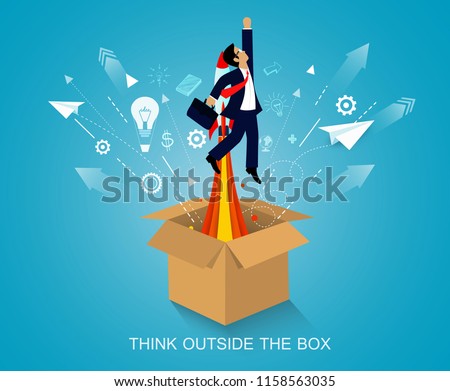 think outside the box. businessmen launch to the sky. on background blue. startup business concept. creative idea. leadership. vector art and illustration