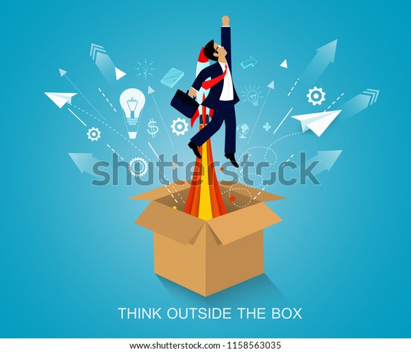 think outside the box. businessmen launch to\
the sky. on background blue. startup business concept. creative\
idea. leadership. vector art and\
illustration