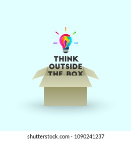 Think outside the box concept with colorful lightbulb and text emerging out of cardboard box