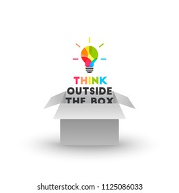 Think outside the box concept with colorful light bulb and text emerging out of gray cardboard box