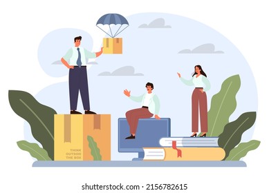 Piensen fuera del concepto de caja. Creatividad y proceso de lluvia de ideas. Nueva generación de ideas, innovadora solución de negocios. Ilustración vectorial plana