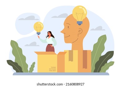 Think outside the box concept. Creativity and brainstorming process. New idea generation, innovative business solution. Flat vector illustration