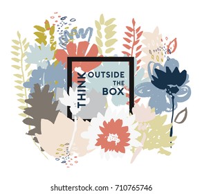 Think outside the box concept. Frame overflowing with flowers. 