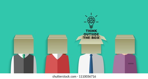 Think outside the box concept. Group of people with cardboard box head and lightbulb with gears as idea metaphor. Vector illustration in flat design.