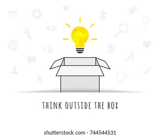 Think outside the box concept with light bulb and related icons in the background