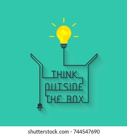 Think outside the box concept with light bulb and wire forming the saying and box itself