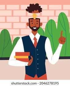 Think outside the box concept. Man came up with new idea for business or training. Light bulb in employee head. Creative thinking. Cartoon flat vector illustration isolated on bright background