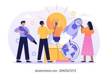 Think Outside Box concept. Men and women come up with creative idea for business. Metaphor for brainstorming and teamwork of employees. Cartoon flat vector illustration isolated on white background