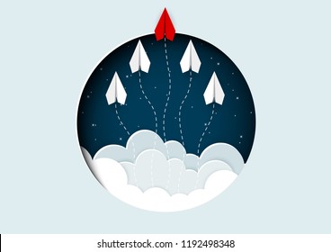 think outside the box concept. paper airplane red and white are competition to destination up to the sky ejected from circle. go to the target. startup. leadership. creative idea. vector illustration