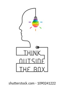 Think outside the box concept with saying and colorful lightbulb. Wire forming head profile silhouette on white background.