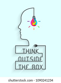 Think outside the box concept with saying and colorful lightbulb. Wire forming head profile silhouette.