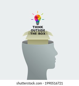 Think outside the box concept and saying. Colorful light bulb as creative thinking, creativity, idea and brain symbol. Human head silhouette, face profile.