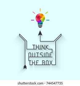 Think outside the box concept with saying and colorful lightbulb