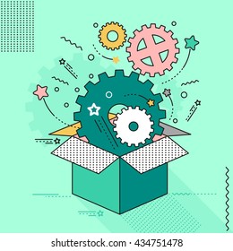 Think outside the box creative idea. Gear icon. Objects isolated on background. Flat and cartoon vector illustration.