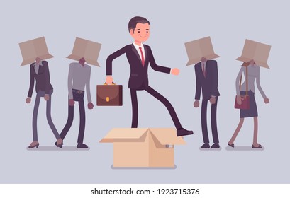 Think Outside Box, Creative Man Generating New, Different Ideas. Metaphor Of Innovative, Advanced, Original Strategy, Remarkable Person Among Ordinary People. Vector Flat Style Cartoon Illustration