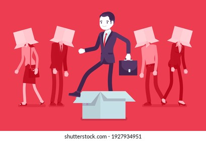 Think Outside Box, Creative Man Generating New, Different Ideas. Metaphor Of Innovative, Advanced, Original Strategy, Remarkable Person Among Ordinary People. Vector Creative Stylized Illustration