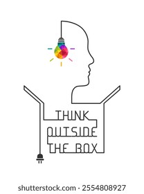 Think outside the box and creative thinking concept with colorful light bulb. Wire line forming the saying, text, cardboard box and profile face silhouette.