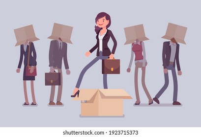 Think Outside Box, Creative Woman Generating New, Different Ideas. Metaphor Of Innovative, Advanced, Original Strategy, Remarkable Person Among Ordinary People. Vector Flat Style Cartoon Illustration