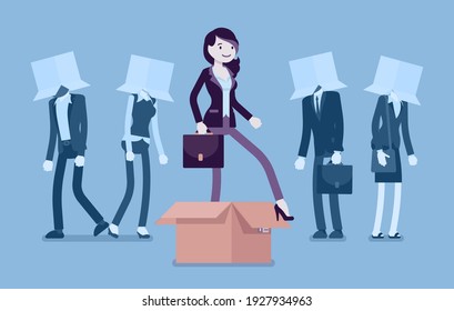 Think Outside Box, Creative Woman Generating New, Different Ideas. Metaphor Of Innovative, Advanced, Original Strategy, Remarkable Person Among Ordinary People. Vector Creative Stylized Illustration