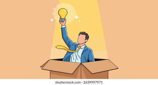 Think outside the box, creativity to create different business idea or motivation and innovation concept, smart businessman get out of paper box with new illumination lightbulb idea. 