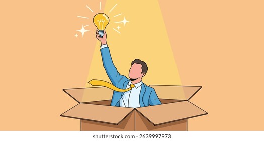 Think outside the box, creativity to create different business idea or motivation and innovation concept, smart businessman get out of paper box with new illumination lightbulb idea. 