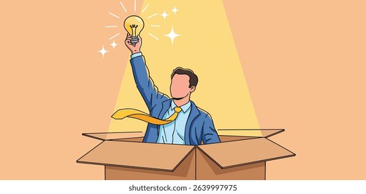 Think outside the box, creativity to create different business idea or motivation and innovation concept, smart businessman get out of paper box with new illumination lightbulb idea. 