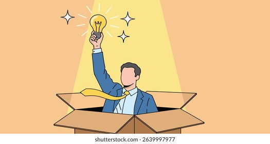 Think outside the box, creativity to create different business idea or motivation and innovation concept, smart businessman get out of paper box with new illumination lightbulb idea. 