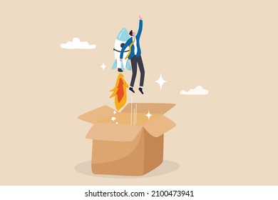 Think outside the box, creativity and innovation to change new ideation for business solution, leadership or inspiration for career success, businessman launch from open box with rocket booster.