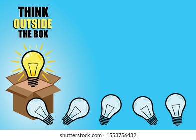 think outside the box. do not follow the rules of others. vector which represents many light bulbs one lit and the rest extinguished on a blue background