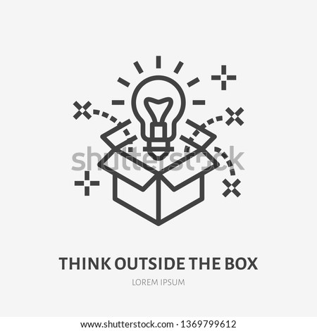 Think outside the box flat line icon. Creative solution vector illustration. Thin sign of innovation, business logo.