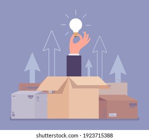 Think outside the box, hand holding bright lamp bulb. Metaphor of new successful innovation, new energy, invention, brainstorm and business inspiration. Vector flat style cartoon illustration