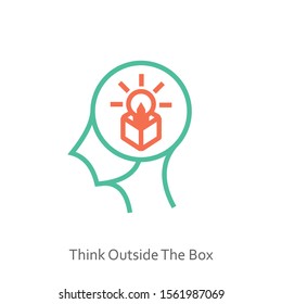 Think outside the box icon concept with box and light bulb in the drawing of human brain isolated on white background, vector and illustration.