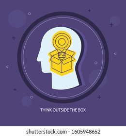 Think outside the box icon concept with box and light bulb in the drawing of human brain