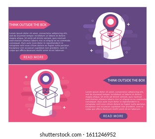 Think outside the box icon concept with box and light bulb in the drawing of human head