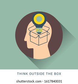 Think outside the box icon concept with box and light bulb in the drawing of human brain