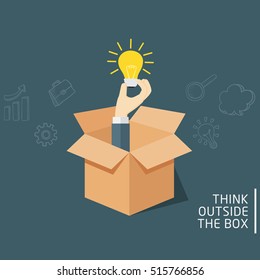 Think Outside The Box, Ideas Concept Of Opened Box With Hand Holding A Light Bulb