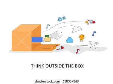 "Think outside the box" isolated on white background. For web site, poster, placard, app, ads and advertising. Concept with flat symbols set