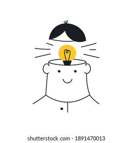 Think outside the box, light bulb in a head, Idea, brainstorming, dreaming creativity. New idea, brainstorming, solution, creativity. Flat line elegant vector illustration on white.