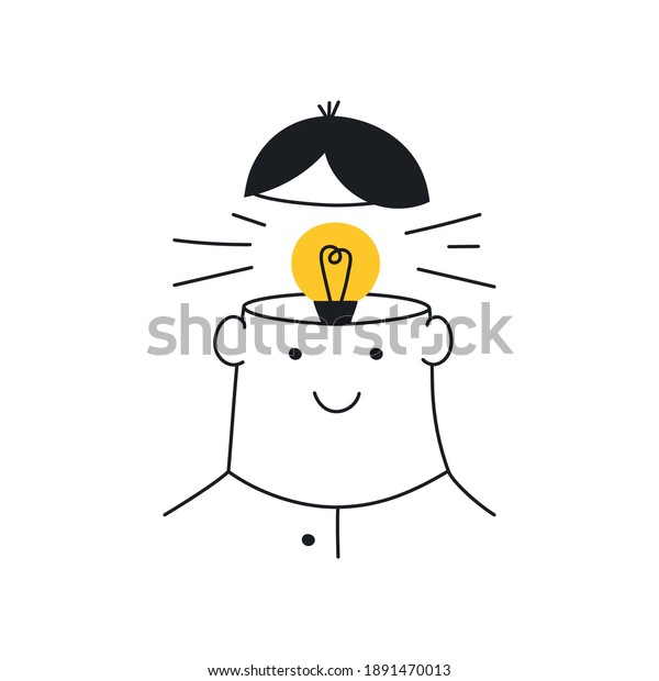 Think\
outside the box, light bulb in a head, Idea, brainstorming,\
dreaming creativity. New idea, brainstorming, solution, creativity.\
Flat line elegant vector illustration on\
white.