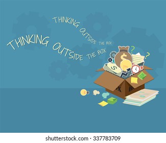 think outside of the box lightbulb business in cardboard box opening to think idea improvement and productivity increase money successful, elements, Vector illustration