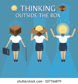 think outside of the box lightbulb head business woman women in cardboard box opening to think idea improvement and productivity increase arrow successful