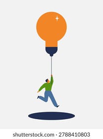 Think outside the box. man rising up while holds a glowing light bulb. Creative solution, successful idea, innovation, big-picture thinking. Business vector illustration